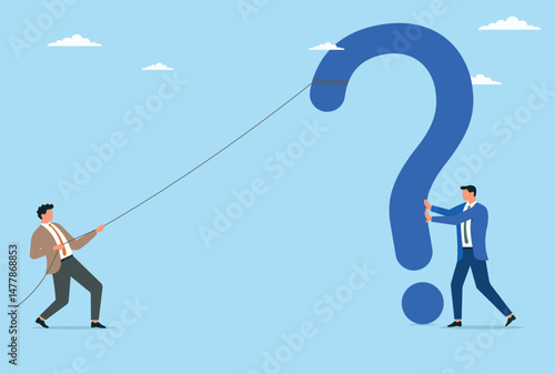 Vector illustration of two businessmen trying to move a big question mark
