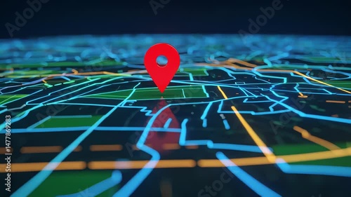 Glowing Red Location Pin on High-Tech Navigation Map in Motion