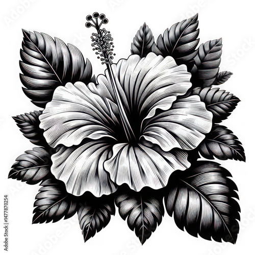 Ornate Black and White Hibiscus Floral Illustration