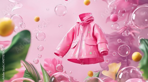 Colorful pink jacket surrounded by bubbles.