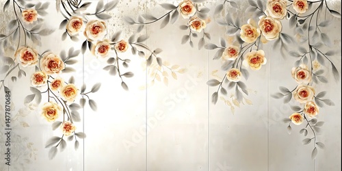 Elegant peach roses are artistically arranged with gray leaves against a textured light background