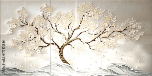 Elegant tree with white blossoms and golden accents creates a serene and luxurious aesthetic