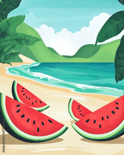 Refreshing watermelon slices on a sunny beach.