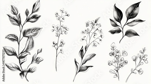 Floral branch. Hand drawn wedding herb, plant and monogram with elegant leaves for invitation save the date card design. Botanical rustic trendy greenery vector illustration , no logos, no brands