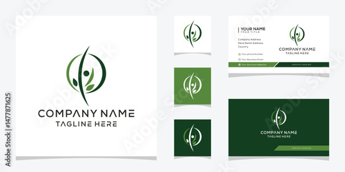 people health logo design, green leaf nature graphic vector template