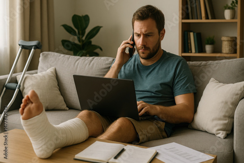 Sick Young Man Working from Home on Laptop