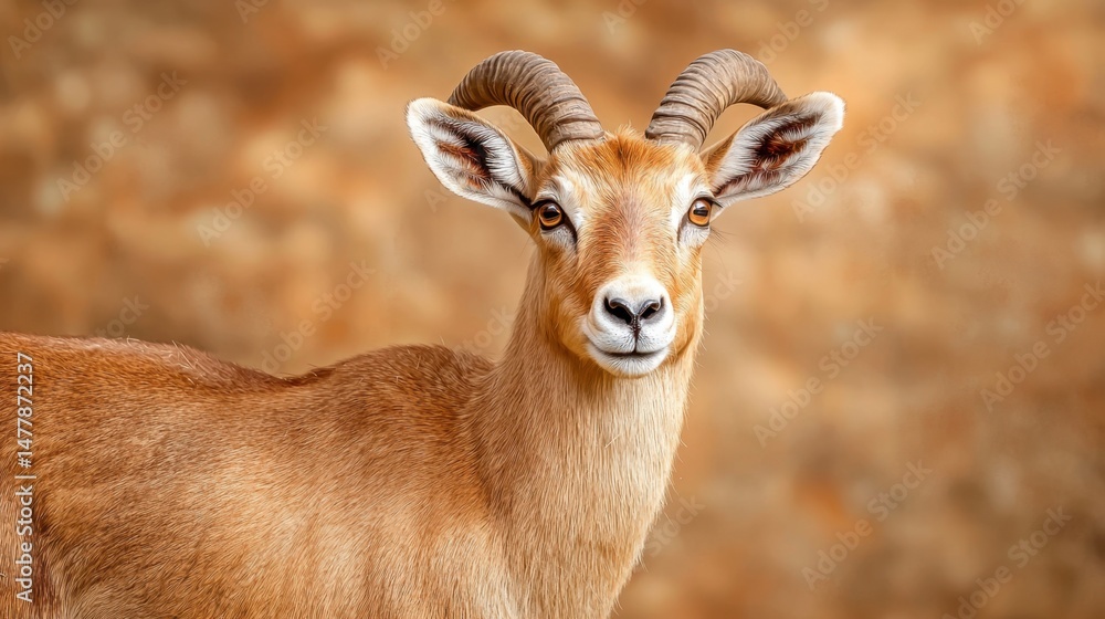 Fototapeta premium Majestic Portrait of a Young Goat with Curved Horns Against Background