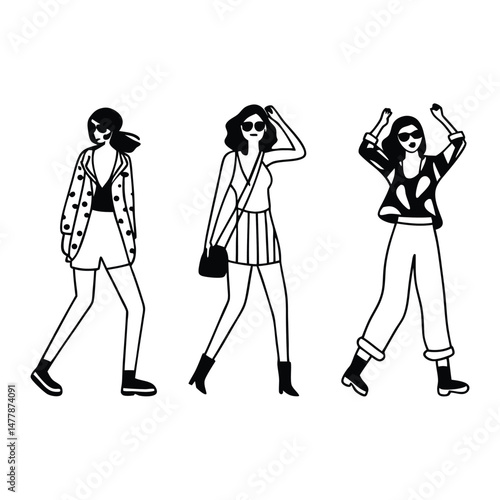 Fashionable Women in Street Style Full Body Cartoon Vector Illustration