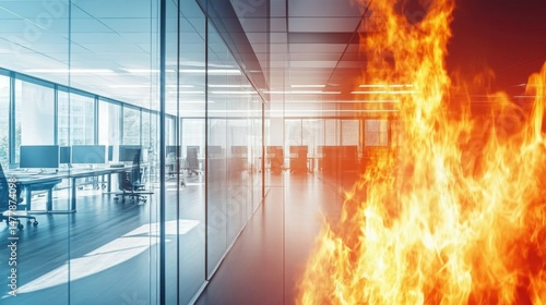 Sleek Modern Office with Simulated Fire Blaze Behind Glass Partition Walls for Training