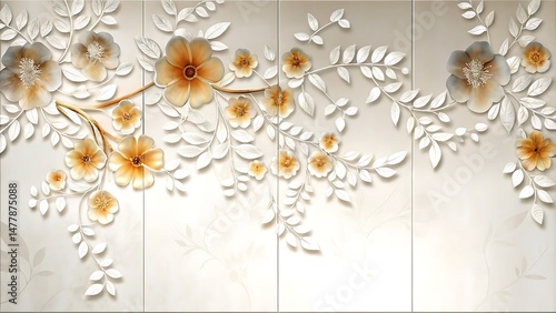 Gold and ivory flowers with sculpted white leaves adorn a soft neutral surface