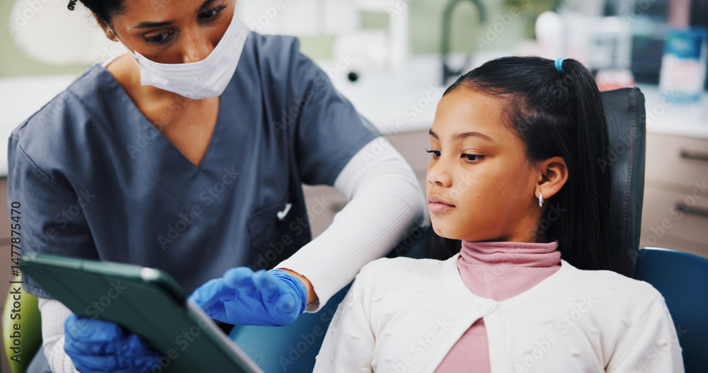© peopleimages.com - Clinic, child and dentist with tablet for consultation, dental education and information in healthcare. Discussion, girl patient and orthodontist with digital for teeth procedure, checkup and results