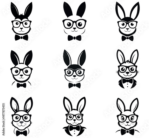 Black and White Bunny Illustration with Glasses and Bowtie - Cute Minimalist Rabbit Design