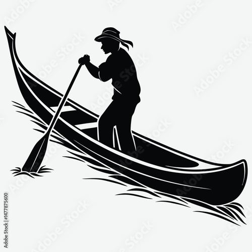 Person navigating a boat with a paddle image silhouette design vector art and illustration