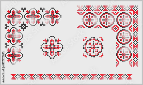 Beaded red and black borders and corners elements patterns set with design from Odesa, traditional Ukrainian vyshyvanka ornaments