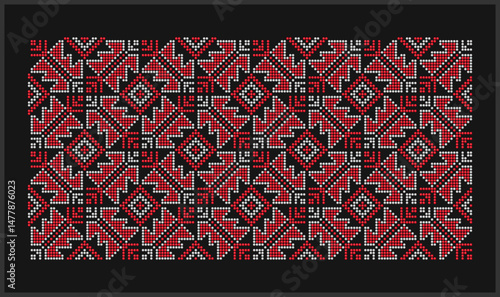 Seamless beaded ethnic red and white ornament motif on black background from southern Ukraine