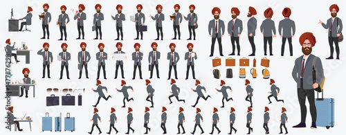 Man Character design. Front, side, back view and explainer animation poses. Character set with lip sync and facial expressions of Happy, angry, sad, Joy with Side walk cycle animation sequence sprite 