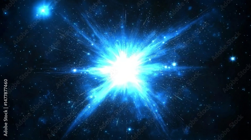Fototapeta premium Observe the intense burst of light from a star exploding in the dark blue universe, radiating energy and particles into space.