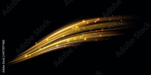 Golden glowing shiny spiral lines effect. Curved yellow line light. Vector illustration of a burning falling fireball meteor.
