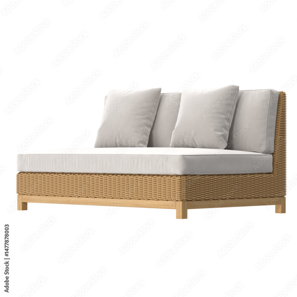 Naklejka premium Angled View of Outdoor Rattan Sofa with Cushions.