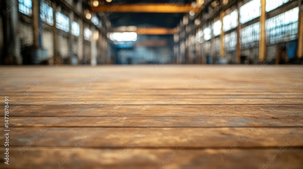 Industrial interior view of wooden floor with warehouse background and natural light Industrial interior view of wooden floor with warehouse background and natural light