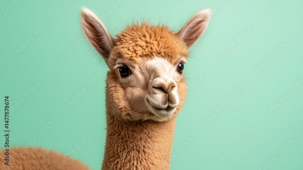 Fototapeta premium Cute Alpaca with Fluffy Fur Posing Against a Soft Green Background