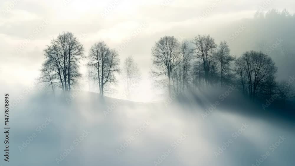 Mystical trees emerging through a sea of fog, kissed by the sun's radiant light. The scene evokes a sense of tranquility and wonder