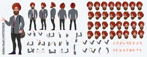 Man Character design. Front, side, back view and explainer animation poses. Character set with lip sync and facial expressions of Happy, angry, sad, Joy with Side walk cycle animation sequence sprite 