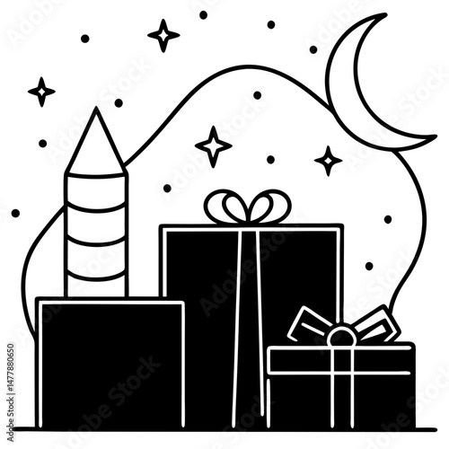 Gift-wrapping-night Vector Illustration | Printable Holiday Graphic Design for Digital Download  
  