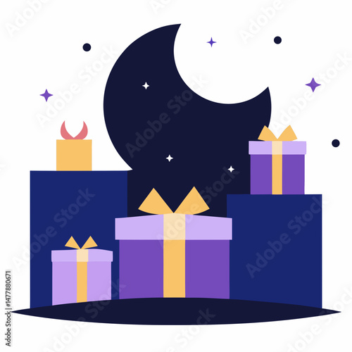Gift-wrapping-night Vector Illustration | Printable Holiday Graphic Design for Digital Download  
  