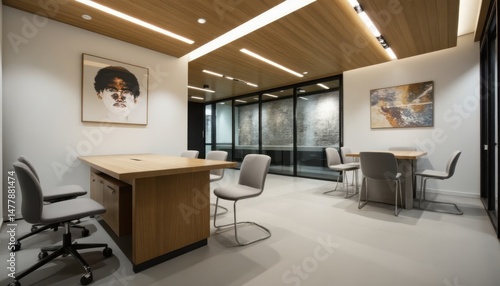 Spacious cabinet office features sleek seating for teamwork and meetings