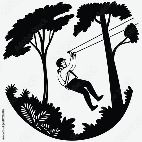 Person zip-lining through the air image silhouette design vector art and illustration