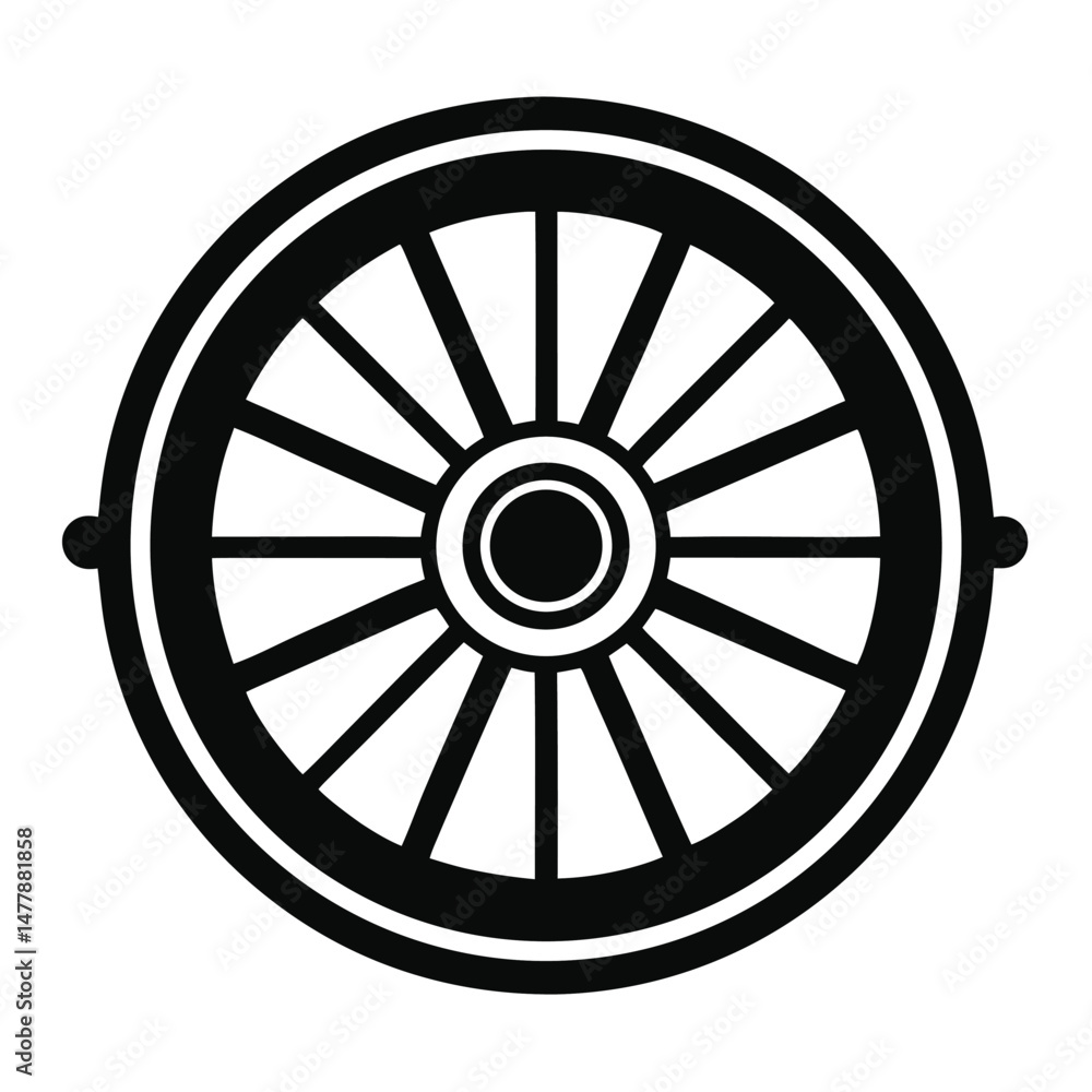 Black & White Wheel Icon Antique Cartwheel Design with Spokes Illustration Black & White Wheel Icon Antique Cartwheel Design with Spokes Illustration