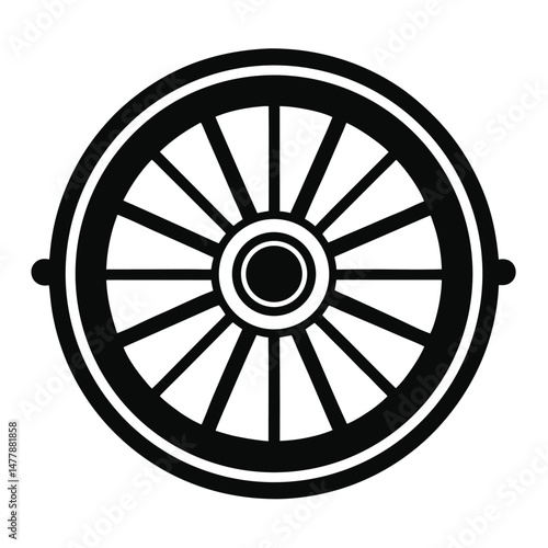 Black & White Wheel Icon Antique Cartwheel Design with Spokes Illustration