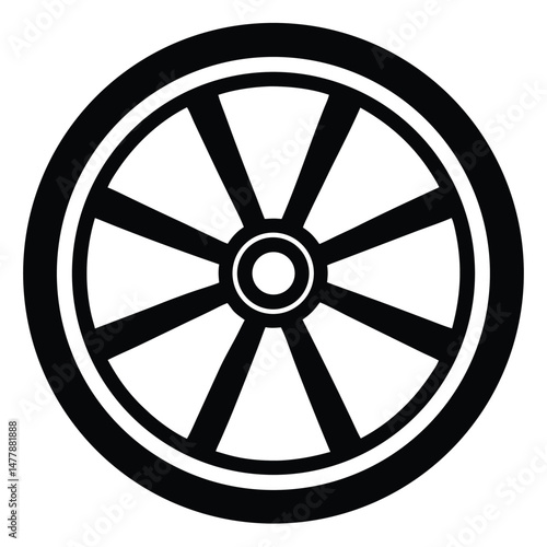 Simple Black and White Wheel Icon Depicting Spokes, Hub and Tire Design