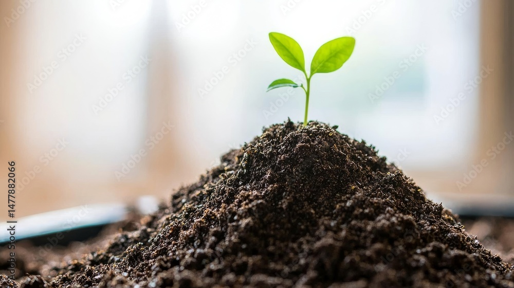 A tiny green seedling with two leaves is growing strongly out of a mound of rich dark soil, symbolizing new life and growth. A tiny green seedling with two leaves is growing strongly out of a mound of rich dark soil, symbolizing new life and growth.