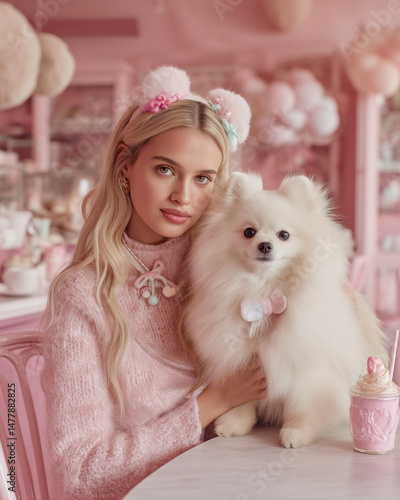 young woman and her fluffy white Pomeranian with pastel-colored accessories