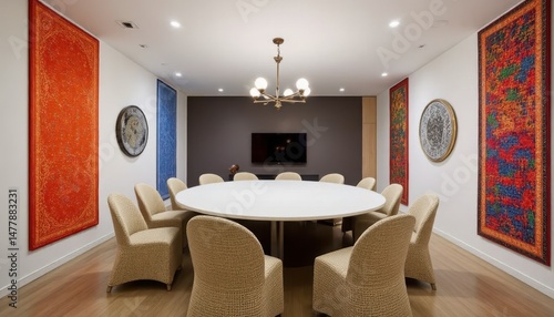 Spacious office with a round table and cozy seating for team discussions and brainstorming