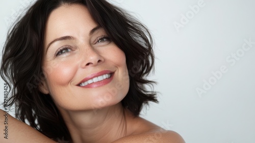 portrait cheerful young happy woman middle aged 50 years brunette smiling on white background