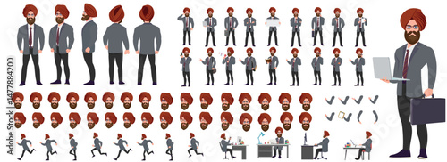 Man Character design. Front, side, back view and explainer animation poses. Character set with lip sync and facial expressions of Happy, angry, sad, Joy with Side walk cycle animation sequence sprite 