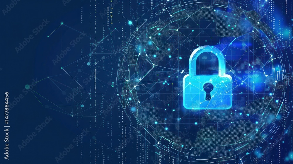 Digital security concept shows a glowing blue padlock inside a connected sphere Digital security concept shows a glowing blue padlock inside a connected sphere