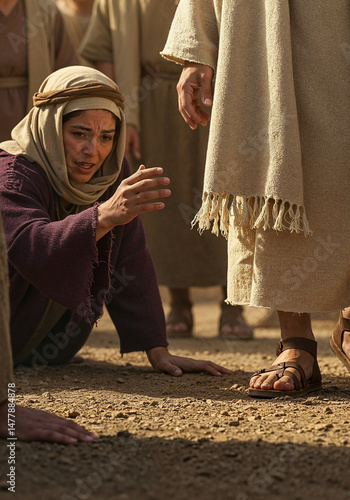 Woman’s Hand Touching the Hem of Jesus' Robe – Biblical Scene in Ultra Realism