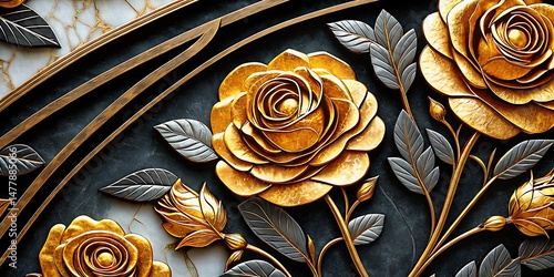 Golden roses and silvery leaves create an opulent, elegant floral arrangement against a textured background