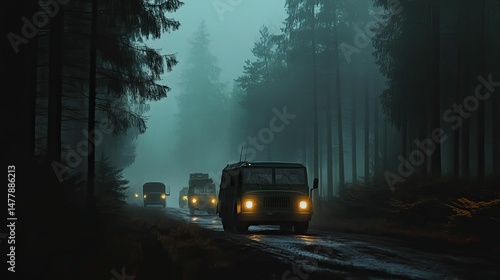 Vehicles drive through foggy forest road at night.