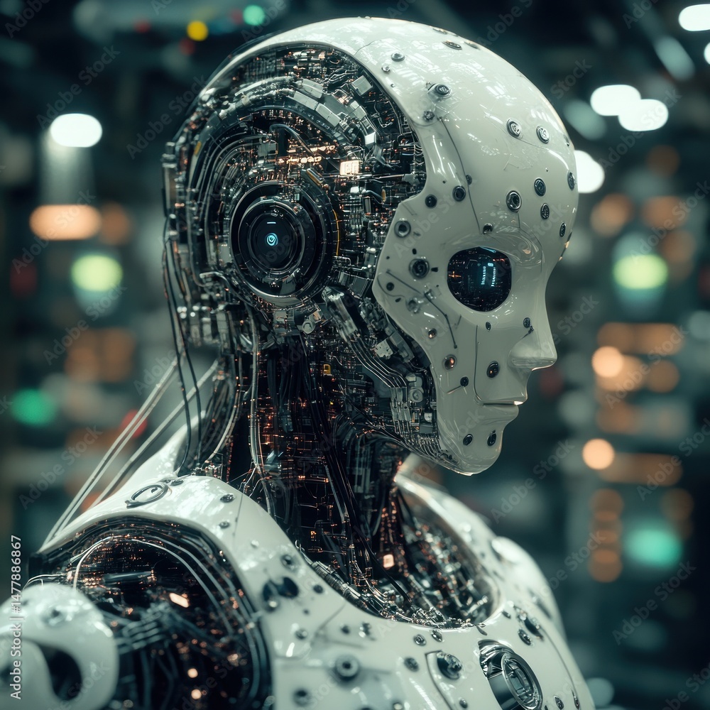 Fototapeta premium Advanced robotic head and torso, intricate mechanical design