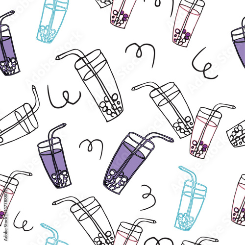seamless pattern with bubble tea in doodle style. Colorful glasses with tapioca balls, curved tubes and bright accents on a white background. print in the style of kawaii and bubble tea culture.