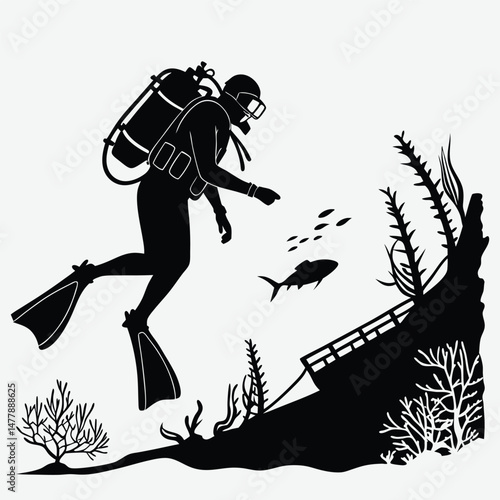 Scuba diver exploring an underwater wreck image silhouette design vector art and illustration