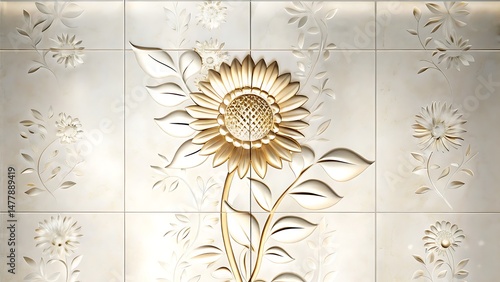 Golden sunflower with carved petals and leaves adorns the creamy textured tile arrangement elegantly