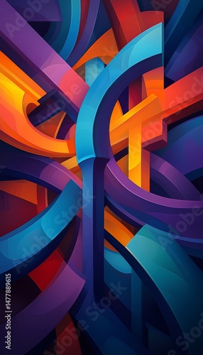 A dynamic and colorful abstract graphic illustration features intricate interlocking three-dimensional shapes creating a complex visual design.