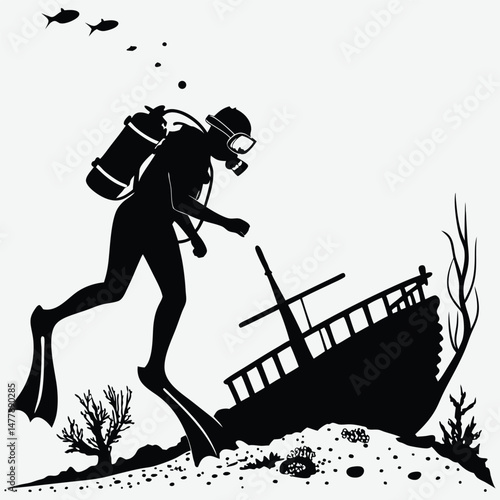 Scuba diver exploring an underwater wreck image silhouette design vector art and illustration