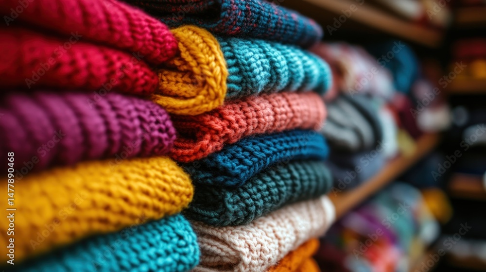 Colorful knitted sweaters stacked on shelves Colorful knitted sweaters stacked on shelves